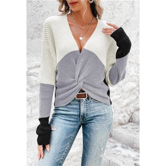 Gray Colorblock Chunky‎ Knit Pullover Sweater V Neck Twisted Knot Sweater Top - Picture 1 of 7